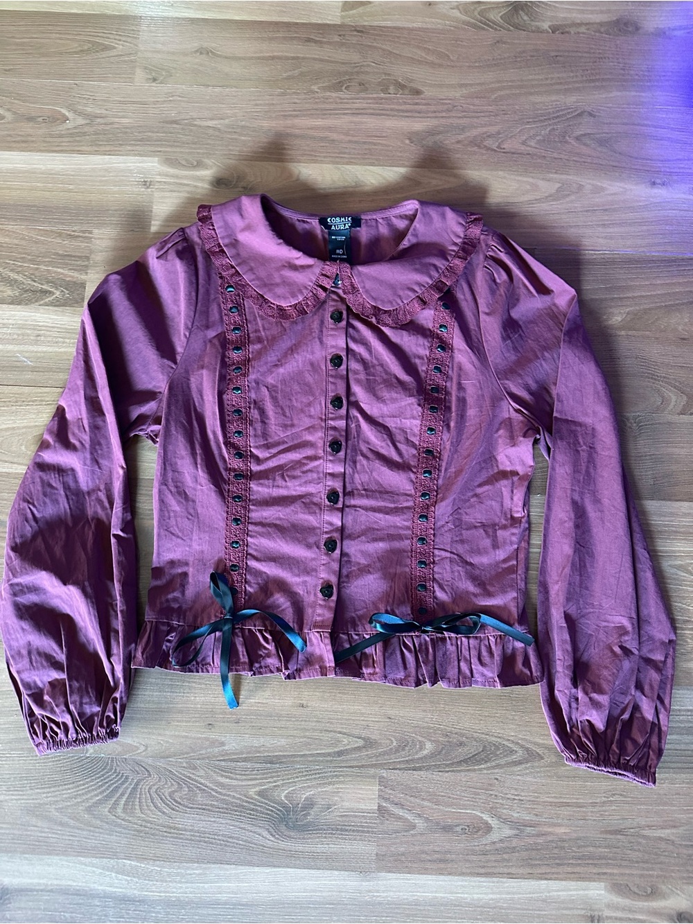Cosmic Aura Burgundy Ruffle-Trim Heart Button Front Blouse
